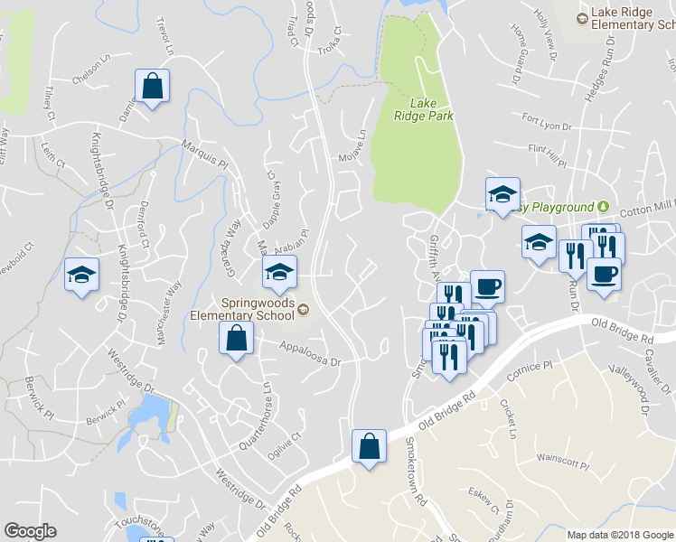 map of restaurants, bars, coffee shops, grocery stores, and more near 12315 Wadsworth Way in Woodbridge