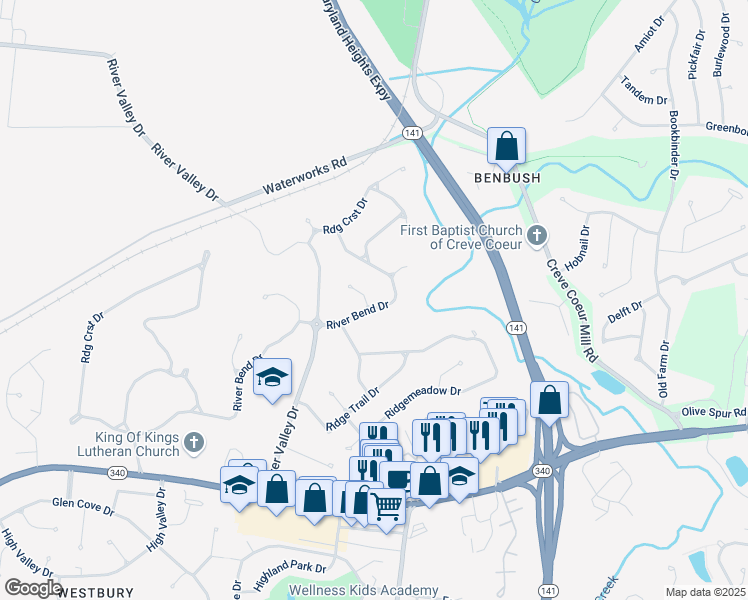 map of restaurants, bars, coffee shops, grocery stores, and more near 204 River Bend Drive in Chesterfield