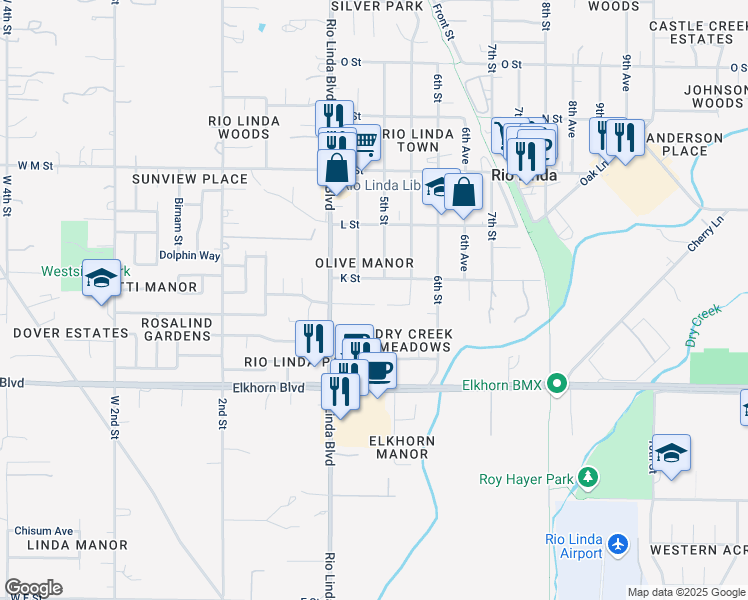 map of restaurants, bars, coffee shops, grocery stores, and more near 6536 Rio Linda Boulevard in Rio Linda