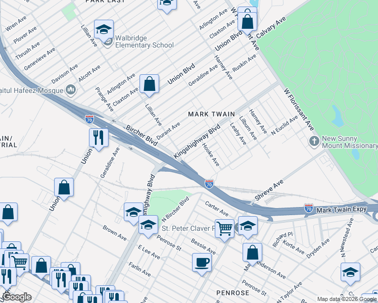 map of restaurants, bars, coffee shops, grocery stores, and more near 4540 North Kingshighway Boulevard in St. Louis