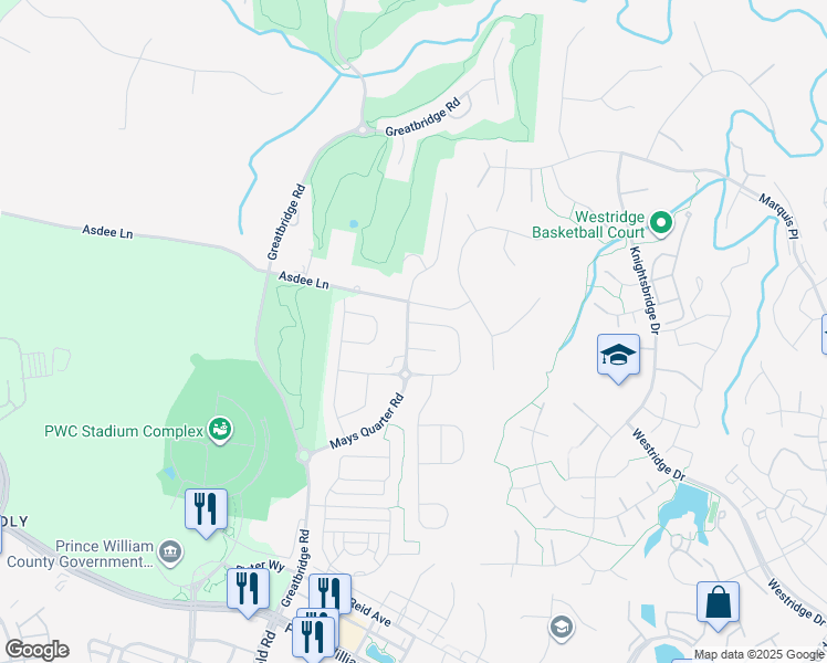 map of restaurants, bars, coffee shops, grocery stores, and more near 4400 Weejun Loop in Woodbridge