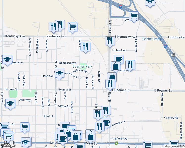 map of restaurants, bars, coffee shops, grocery stores, and more near 907 Hollister Road in Woodland