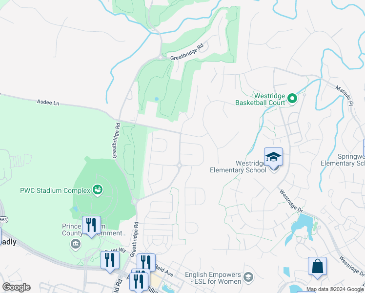 map of restaurants, bars, coffee shops, grocery stores, and more near 4400 Weejun Loop in Woodbridge
