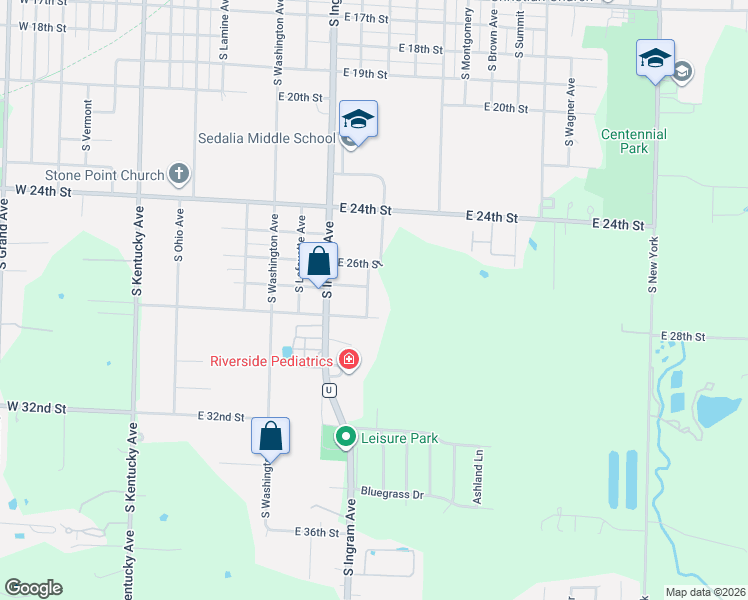map of restaurants, bars, coffee shops, grocery stores, and more near Collins Ave in Sedalia