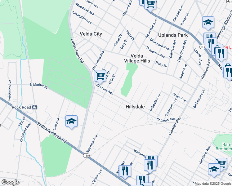 map of restaurants, bars, coffee shops, grocery stores, and more near 6508 Saint Louis Avenue in St. Louis
