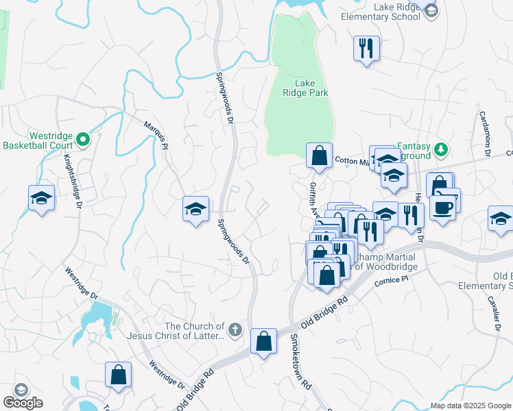 map of restaurants, bars, coffee shops, grocery stores, and more near 12228 Stevenson Court in Woodbridge