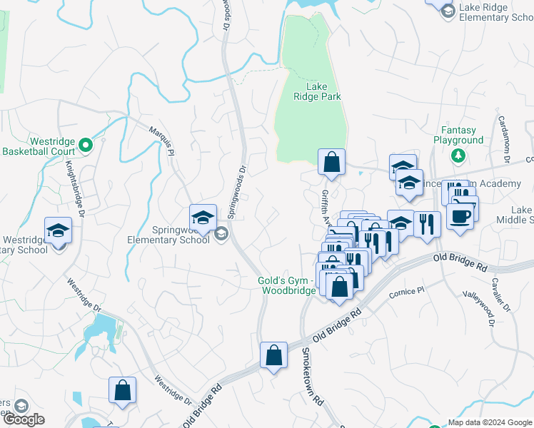 map of restaurants, bars, coffee shops, grocery stores, and more near 12228 Stevenson Court in Woodbridge