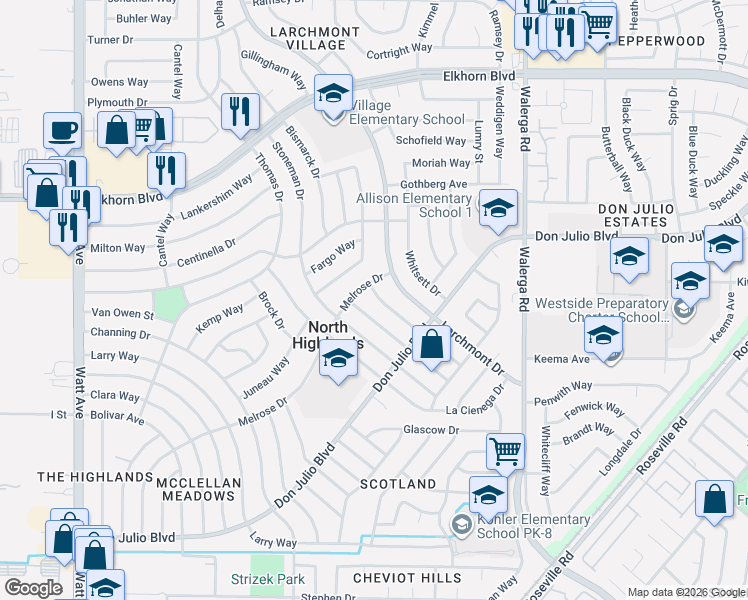 map of restaurants, bars, coffee shops, grocery stores, and more near 6525 Pearson Lane in North Highlands