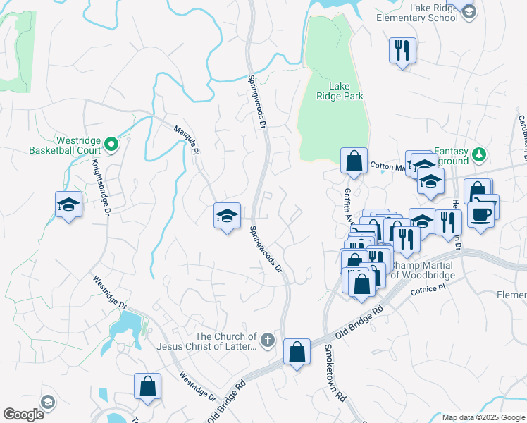 map of restaurants, bars, coffee shops, grocery stores, and more near 12312 Wadsworth Way in Woodbridge