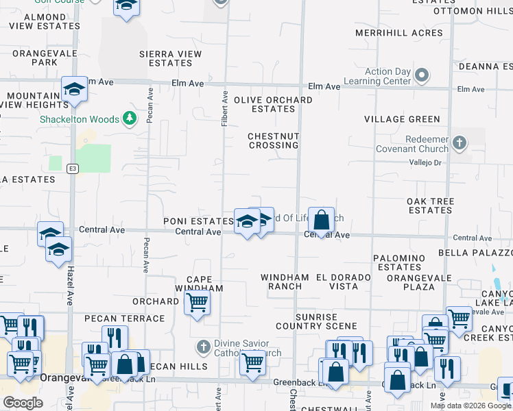 map of restaurants, bars, coffee shops, grocery stores, and more near 6637 Rose Acres Road in Orangevale