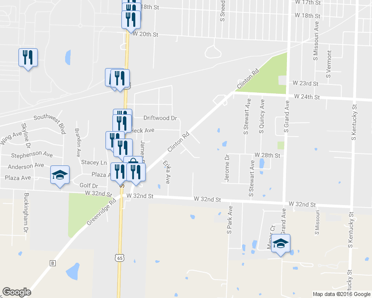 map of restaurants, bars, coffee shops, grocery stores, and more near Robbie Lane in Sedalia