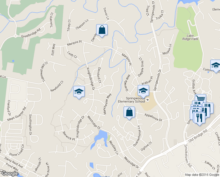 map of restaurants, bars, coffee shops, grocery stores, and more near 12390 Manchester Way in Woodbridge