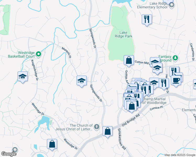 map of restaurants, bars, coffee shops, grocery stores, and more near 12325 Wadsworth Way in Woodbridge