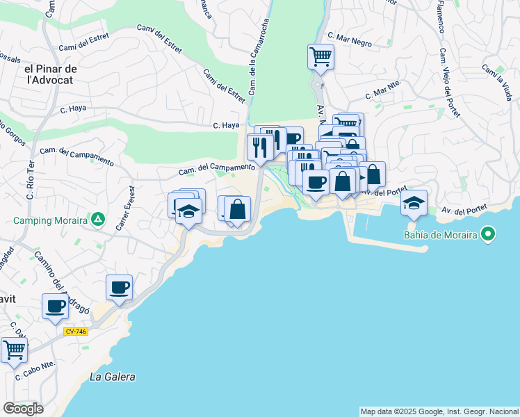map of restaurants, bars, coffee shops, grocery stores, and more near 59 Carretera Moraira a Calpe in Teulada