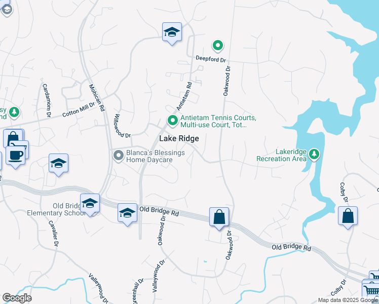 map of restaurants, bars, coffee shops, grocery stores, and more near 12306 Woodlawn Court in Woodbridge