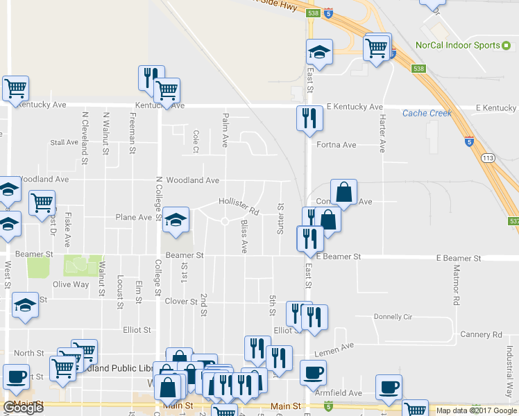 map of restaurants, bars, coffee shops, grocery stores, and more near 907 Hollister Road in Woodland