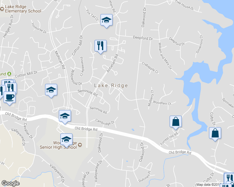 map of restaurants, bars, coffee shops, grocery stores, and more near 12306 Woodlawn Court in Woodbridge