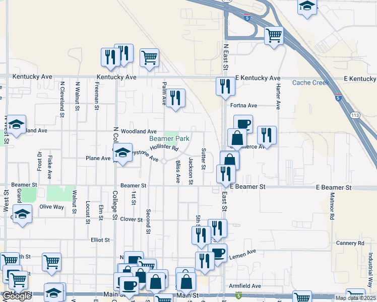 map of restaurants, bars, coffee shops, grocery stores, and more near 104 East Keystone Avenue in Woodland