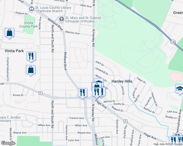 map of restaurants, bars, coffee shops, grocery stores, and more near 1816 North Hanley Road in St. Louis