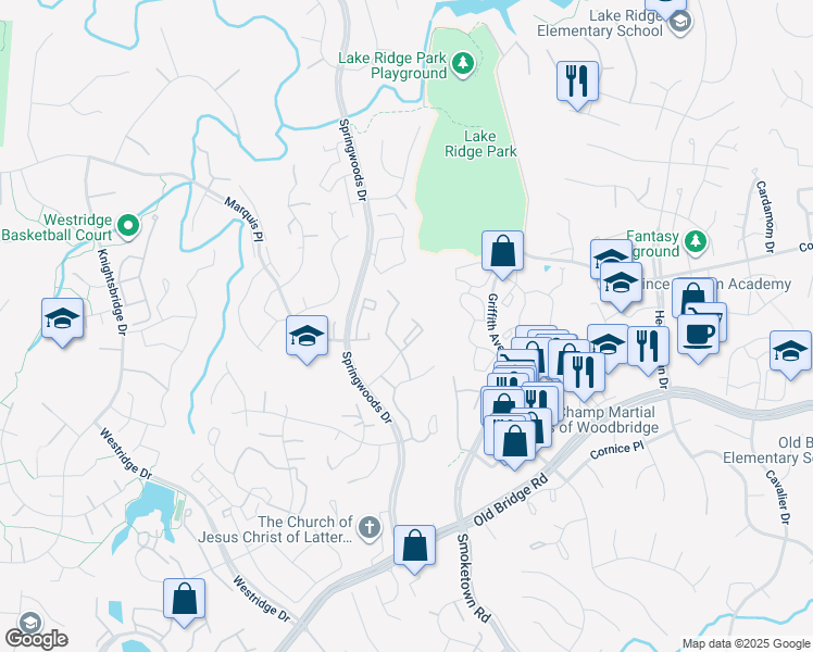 map of restaurants, bars, coffee shops, grocery stores, and more near 12240 Stevenson Court in Woodbridge