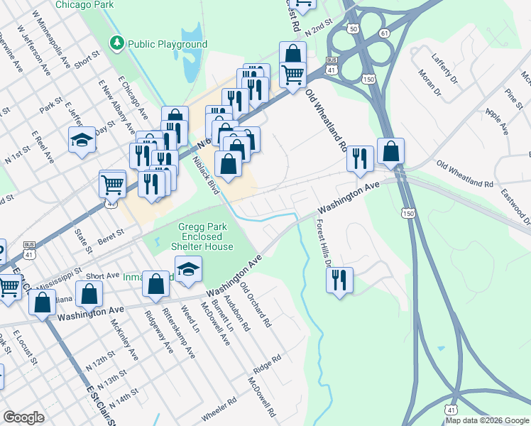 map of restaurants, bars, coffee shops, grocery stores, and more near 103-133 Landrey Drive in Vincennes