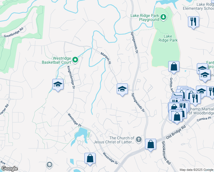 map of restaurants, bars, coffee shops, grocery stores, and more near 12287 Granada Way in Woodbridge