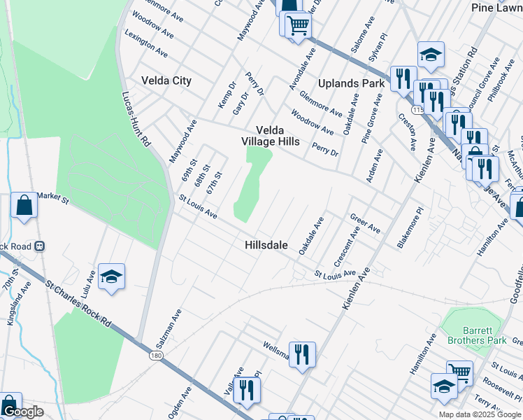 map of restaurants, bars, coffee shops, grocery stores, and more near 2117 Erick Avenue in St. Louis