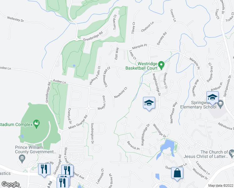 map of restaurants, bars, coffee shops, grocery stores, and more near 4306 Newbold Court in Woodbridge