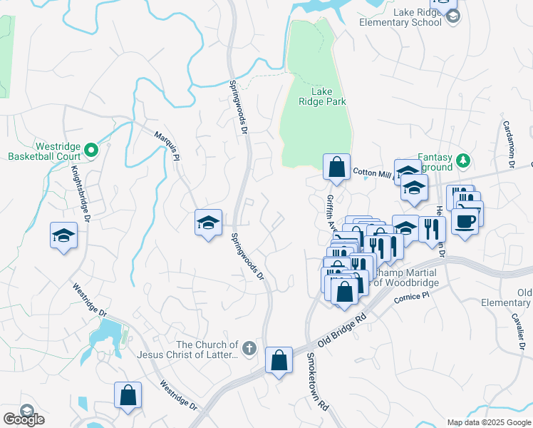 map of restaurants, bars, coffee shops, grocery stores, and more near 12119 Chaucer Lane in Woodbridge