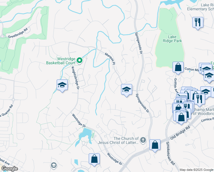 map of restaurants, bars, coffee shops, grocery stores, and more near 12302 Granada Way in Woodbridge