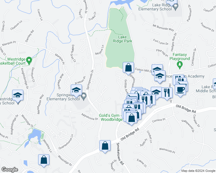 map of restaurants, bars, coffee shops, grocery stores, and more near 12282 Stevenson Court in Woodbridge