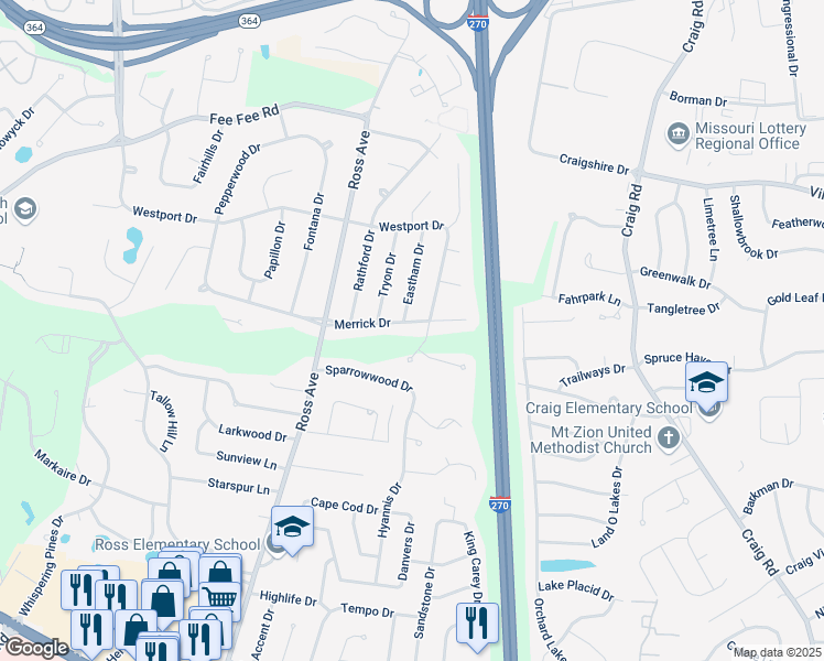 map of restaurants, bars, coffee shops, grocery stores, and more near 12420 Merrick Drive in Saint Louis