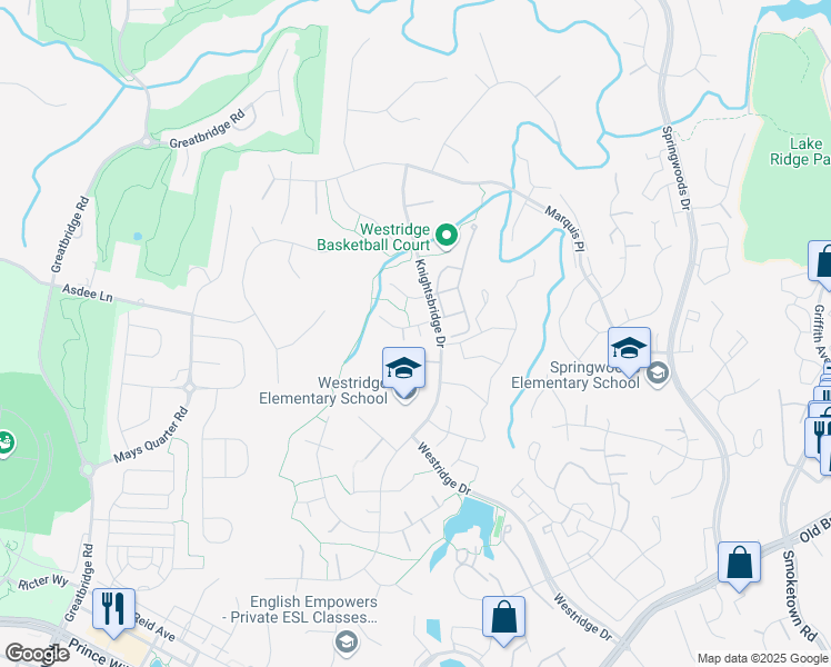 map of restaurants, bars, coffee shops, grocery stores, and more near 4307 Flodden Court in Woodbridge