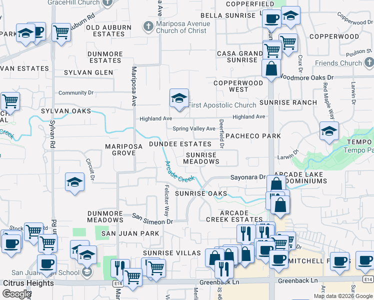 map of restaurants, bars, coffee shops, grocery stores, and more near 7765 Aptos Circle in Citrus Heights