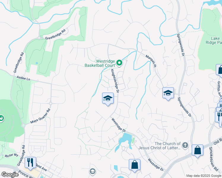 map of restaurants, bars, coffee shops, grocery stores, and more near 4307 Flodden Court in Woodbridge
