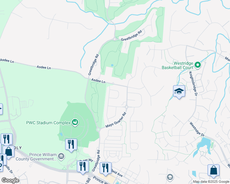 map of restaurants, bars, coffee shops, grocery stores, and more near 4558 Morley Loop in Woodbridge
