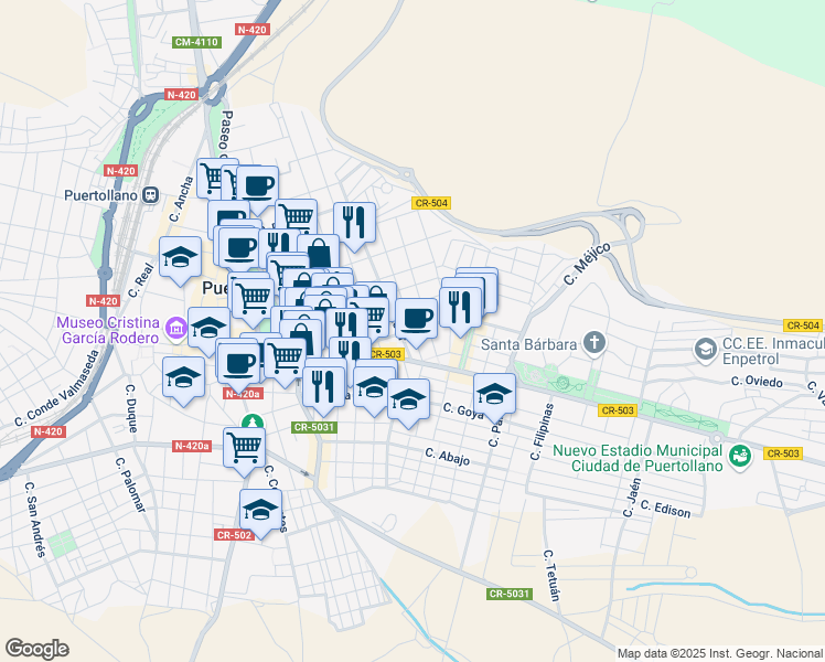 map of restaurants, bars, coffee shops, grocery stores, and more near 16 Calle Albacete in Puertollano