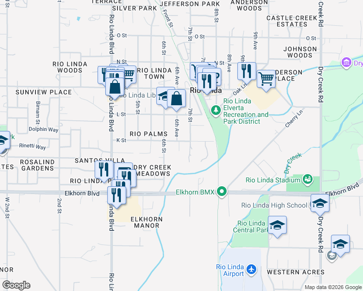 map of restaurants, bars, coffee shops, grocery stores, and more near 644 K Street in Rio Linda