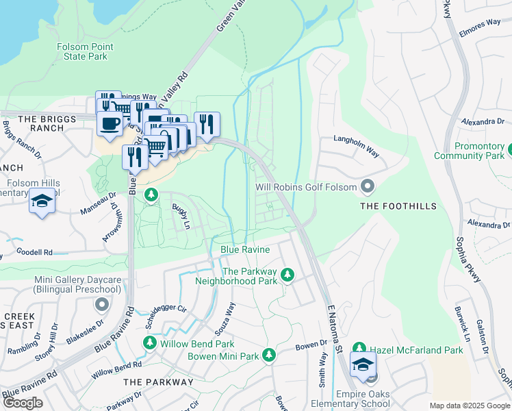 map of restaurants, bars, coffee shops, grocery stores, and more near 101 Monet Lane in Folsom