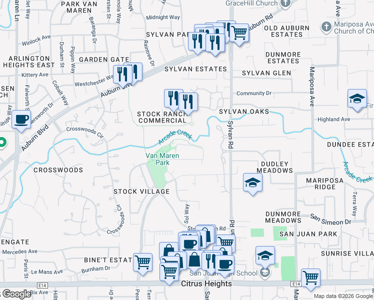 map of restaurants, bars, coffee shops, grocery stores, and more near 7324 Thalia Way in Citrus Heights