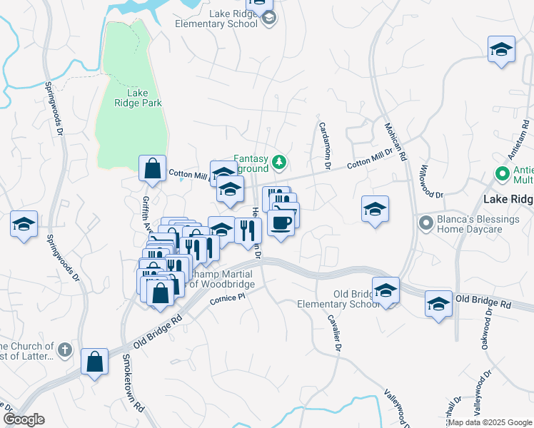 map of restaurants, bars, coffee shops, grocery stores, and more near 12234 Nutmeg Court in Woodbridge