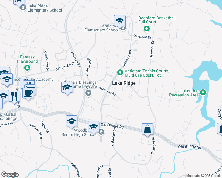 map of restaurants, bars, coffee shops, grocery stores, and more near 12250 Aztec Place in Woodbridge