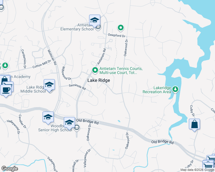 map of restaurants, bars, coffee shops, grocery stores, and more near 2910 Woodfern Court in Lake Ridge