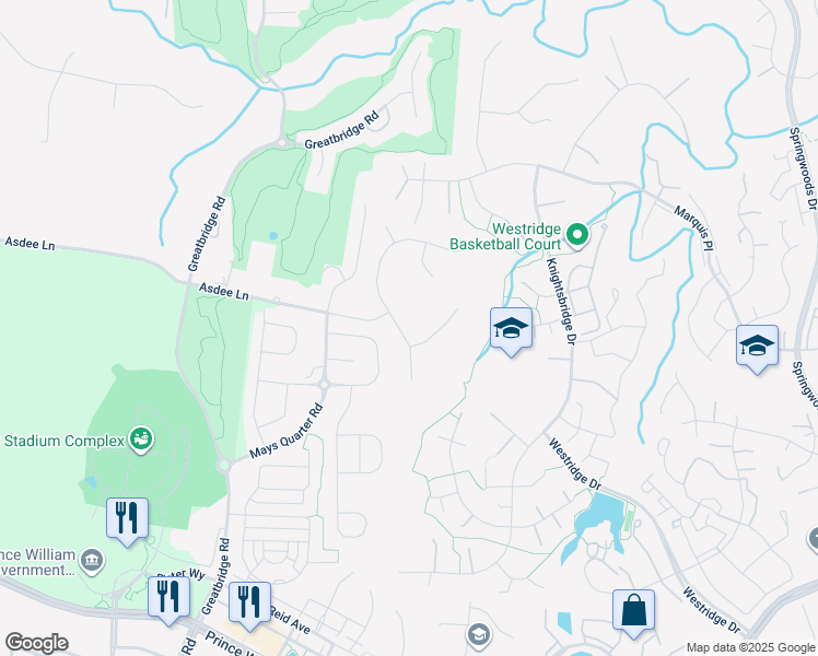 map of restaurants, bars, coffee shops, grocery stores, and more near 12303 Tideswell Mill Court in Woodbridge