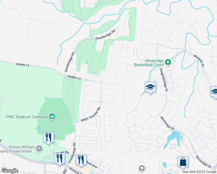 map of restaurants, bars, coffee shops, grocery stores, and more near 4415 Weejun Loop in Woodbridge