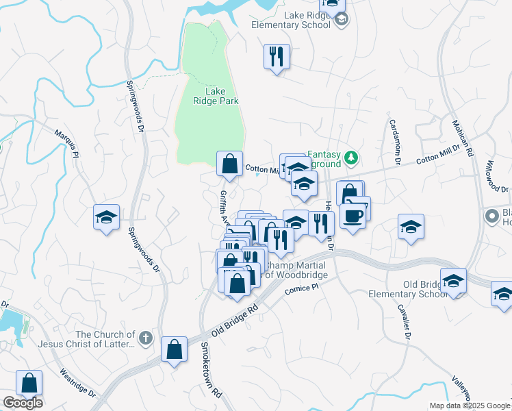 map of restaurants, bars, coffee shops, grocery stores, and more near 3570 Sherbrooke Circle in Woodbridge