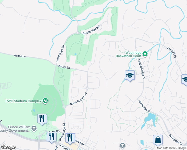 map of restaurants, bars, coffee shops, grocery stores, and more near 4415 Weejun Loop in Woodbridge