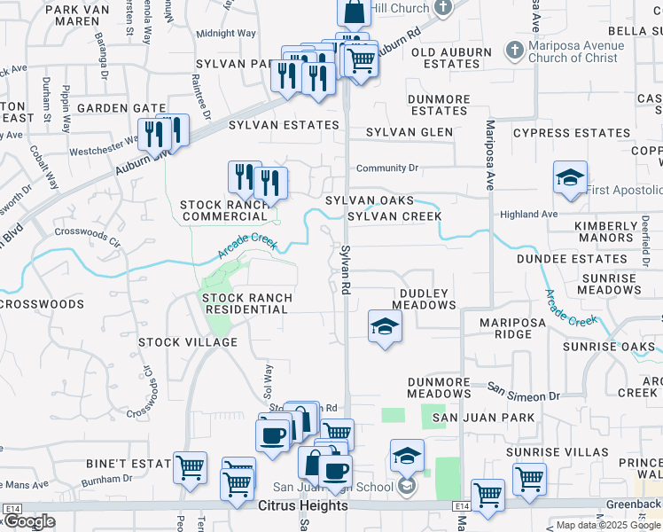 map of restaurants, bars, coffee shops, grocery stores, and more near 6635 Sylvan Road in Citrus Heights