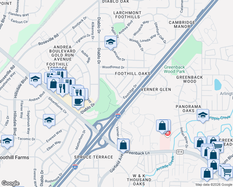 map of restaurants, bars, coffee shops, grocery stores, and more near 6712 Hedgewood Drive in Sacramento