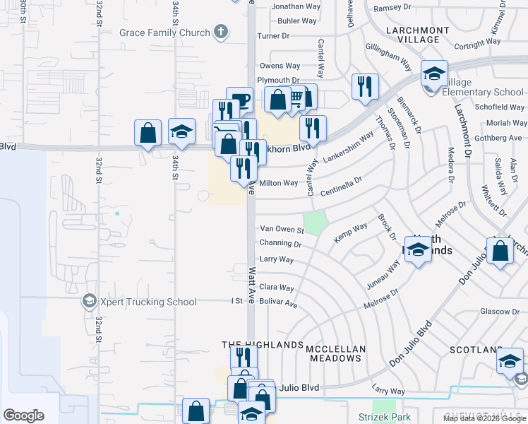 map of restaurants, bars, coffee shops, grocery stores, and more near 3617 Centinella Drive in North Highlands